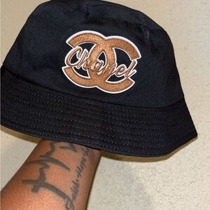 Black Bucket Hat with Gold Logo Patch